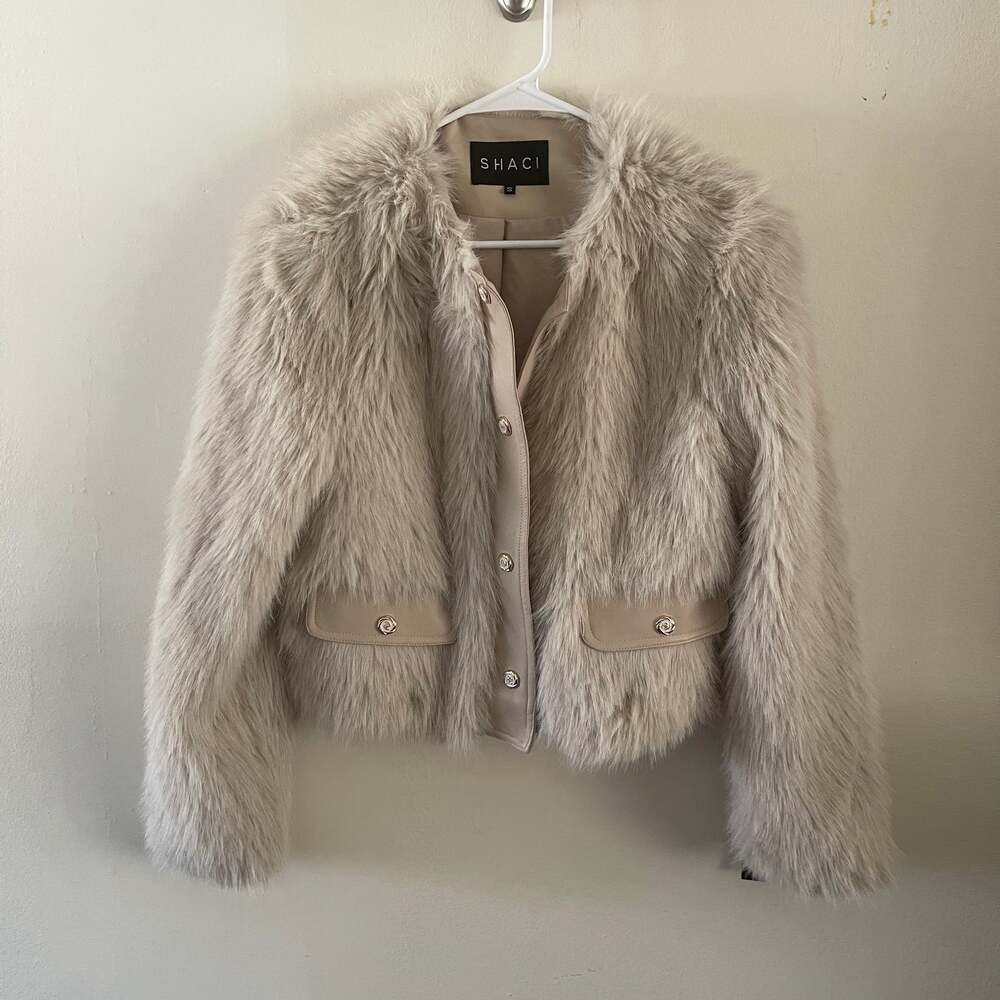 Shaci Womens Small S Cream Cropped Faux Fur Jacket Faux Leather Trim Luxury